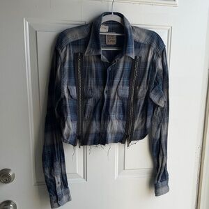 Just Kind Blue Plaid Cropped Utility Jacket